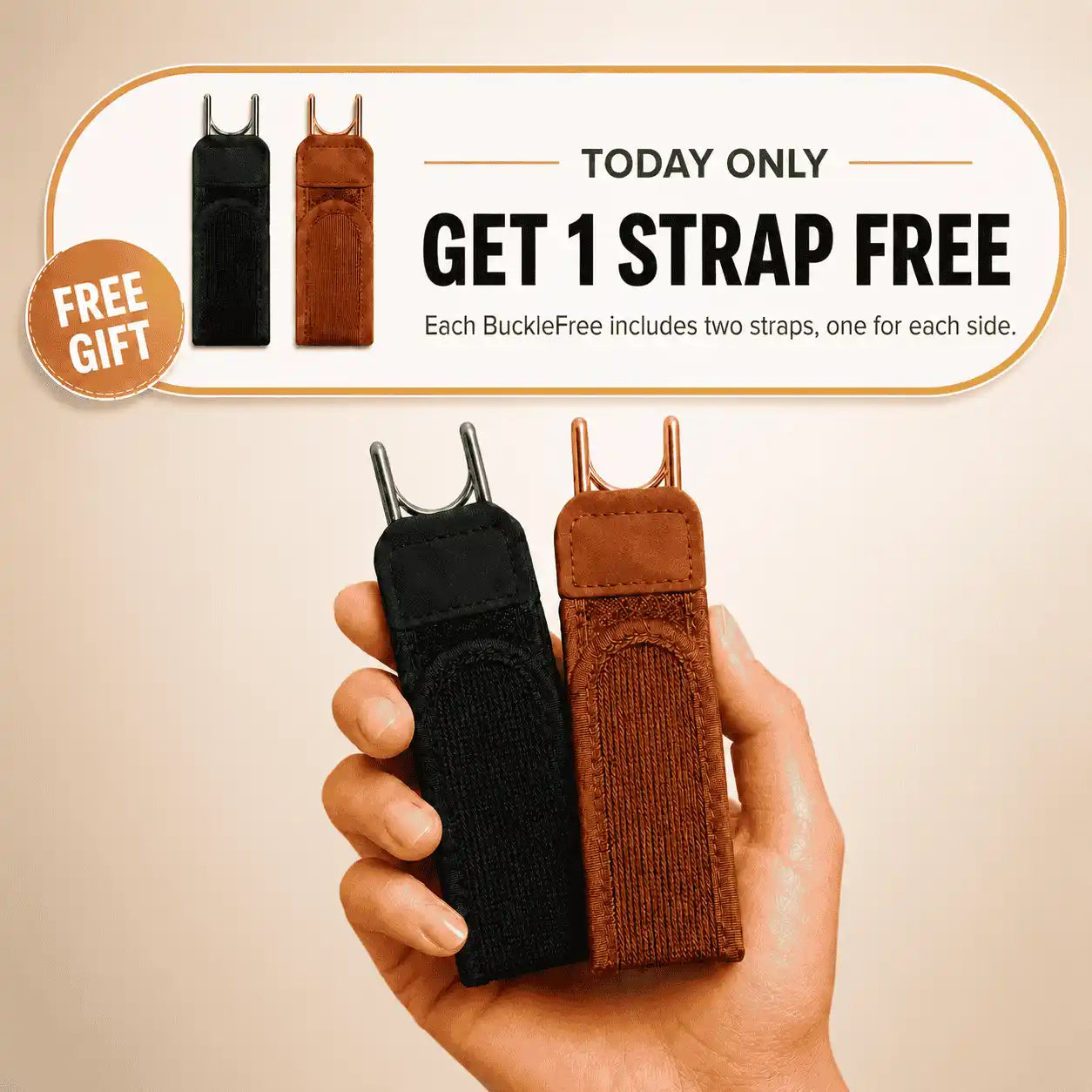 Hand holding two BuckleFree products, one black and one brown, with promotional text on a beige background.