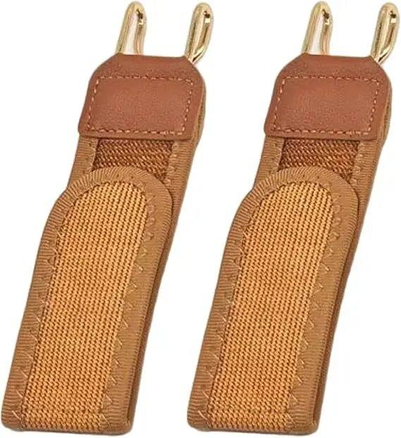 Two brown tactical straps with gold hooks on a white background