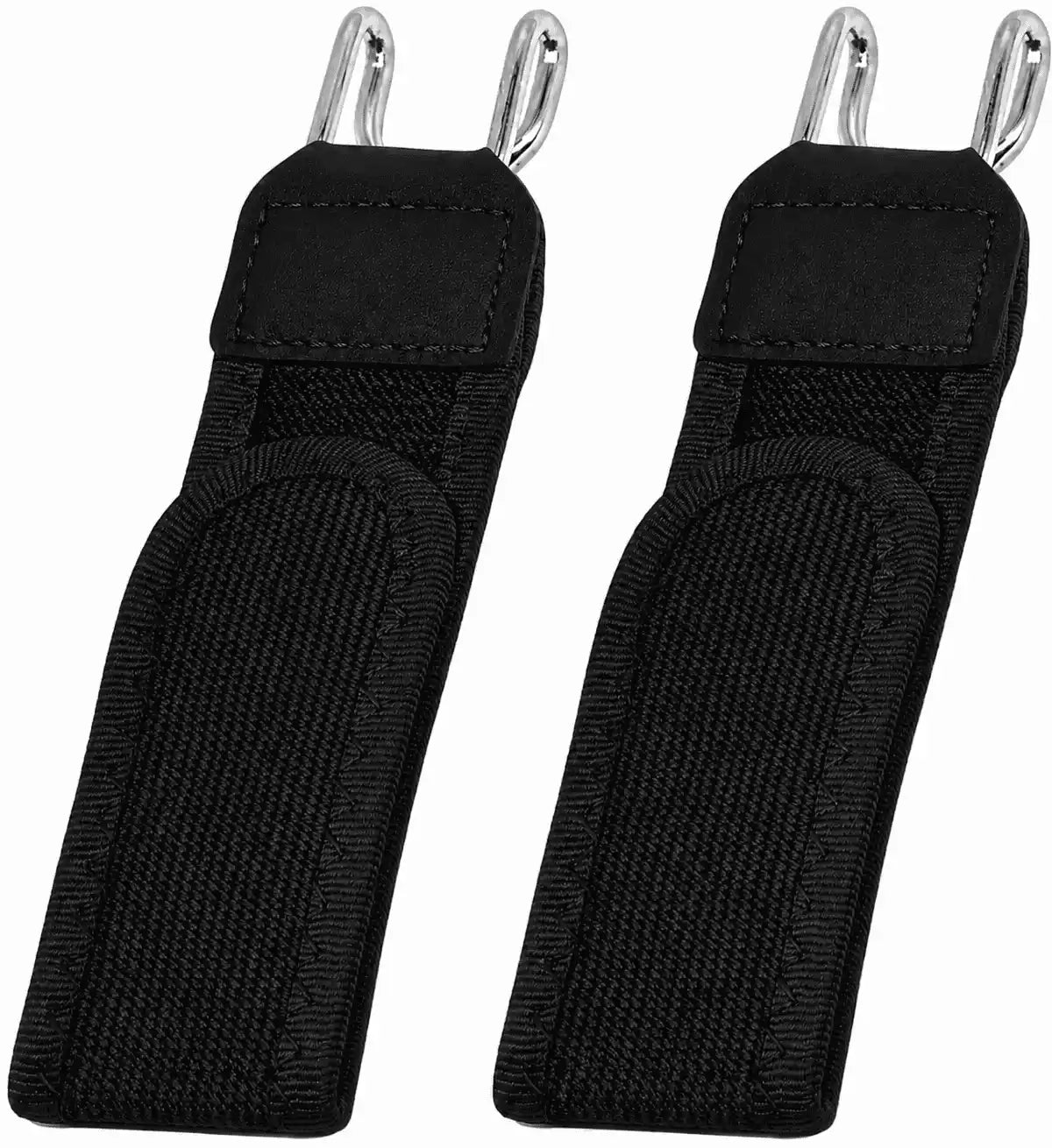 Two black straps with metal hooks on a white background