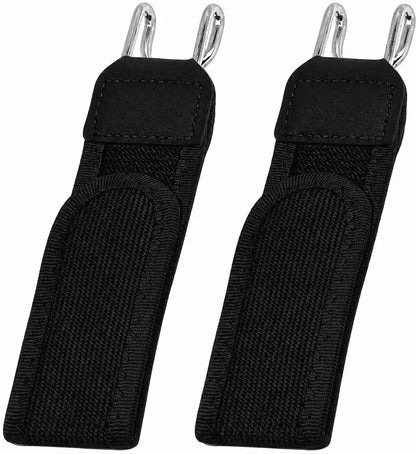 Two black straps with metal hooks on a white background