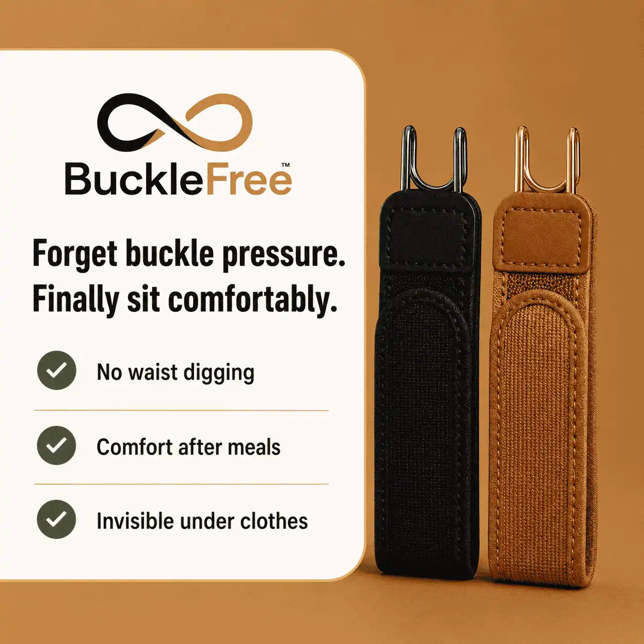 BuckleFree product with black and brown straps on a brown background