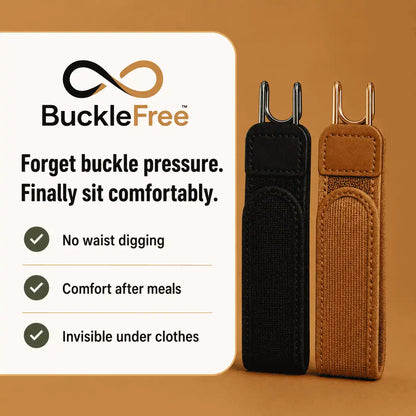 BuckleFree product with black and brown straps on a brown background