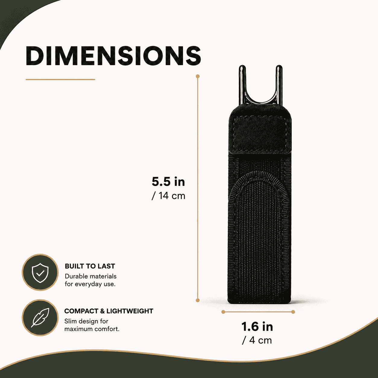 Black pouch with dimensions and features on a white background