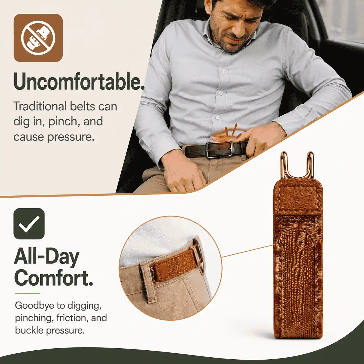 Man sitting in a car wearing a traditional belt, with text about discomfort and a product for all-day comfort.