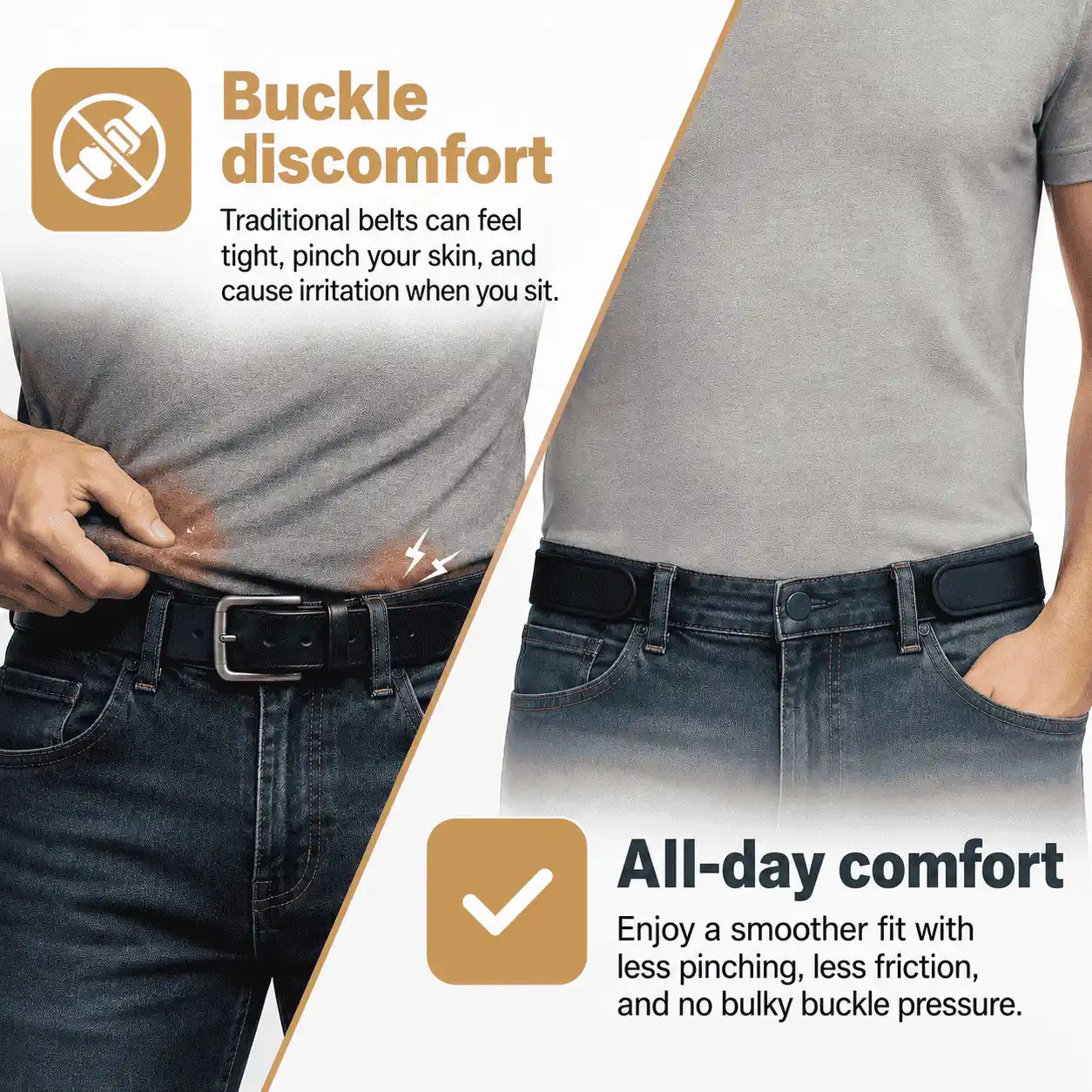Comparison of traditional belt buckle discomfort with a smoother belt for all-day comfort.