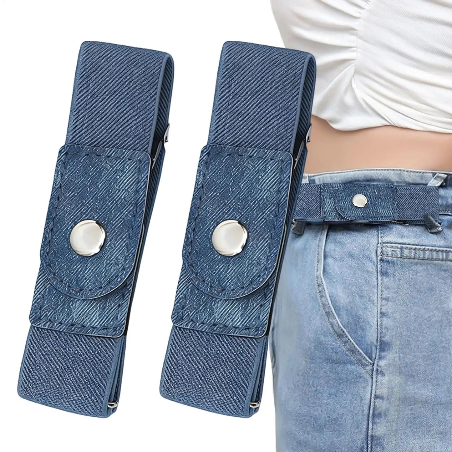 Blue denim belt with button closures on a white background